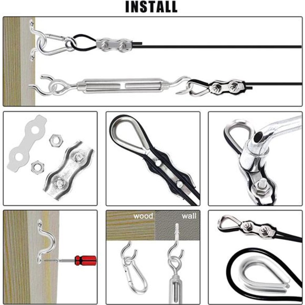 String Light Hanging Kit w/ 200 Feet Nylon Coated Stainless Steel 304 Wire Rope